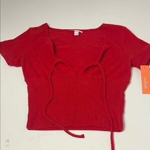 Colsie XS Red Short Sleeve Soft V Neck Tie Up Neck Blouse NWT